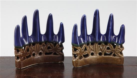 A pair of Chinese blue and cafe au lait glazed mountain peak brush rests, 18th century, height 9cm